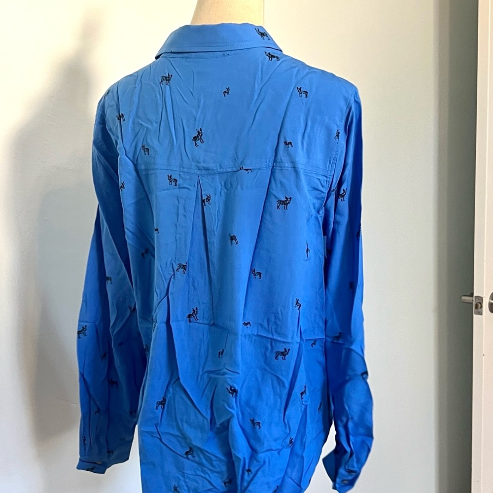 Jane Delancey Blue French Bulldog Print Button Down Blouse Rayon Dog Top,Size M - Picture 3 of 8